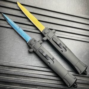 9 Zoll Automesser Italienisches Stiletto-Stil OTF-Messer Damascus Etch – Bild 5