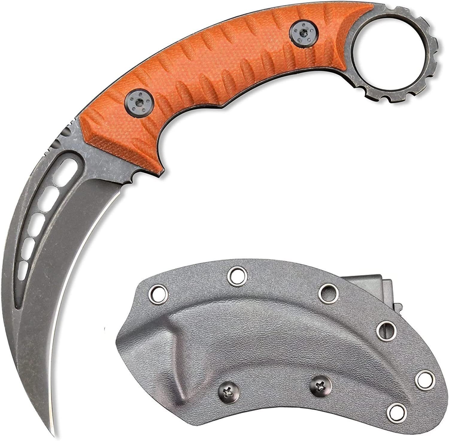 Karambit-Messer mit feststehender Klinge – Klauenmesser aus D2-Stahl mit G10-Griff und Scheide (Orange)