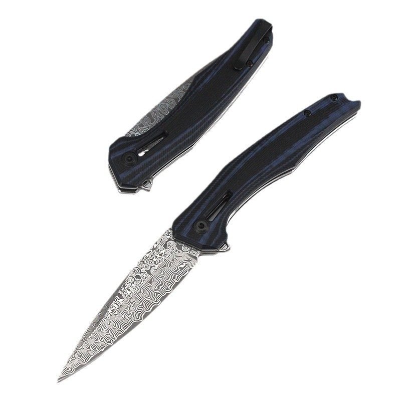 Null Fehler 0707 Damaststahlmesser neues schwarzes und blaues Outdoor-Klappmesser tragbares Klappmesser